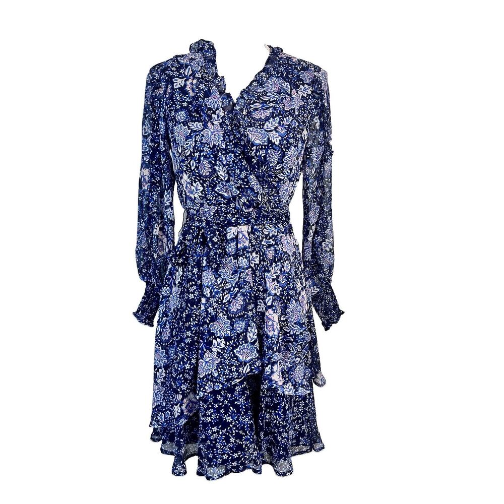 Tahari ASL Dress sz 2 Navy Blue Peach Paisley Sheer Ruffles Wedding Boho Peasant